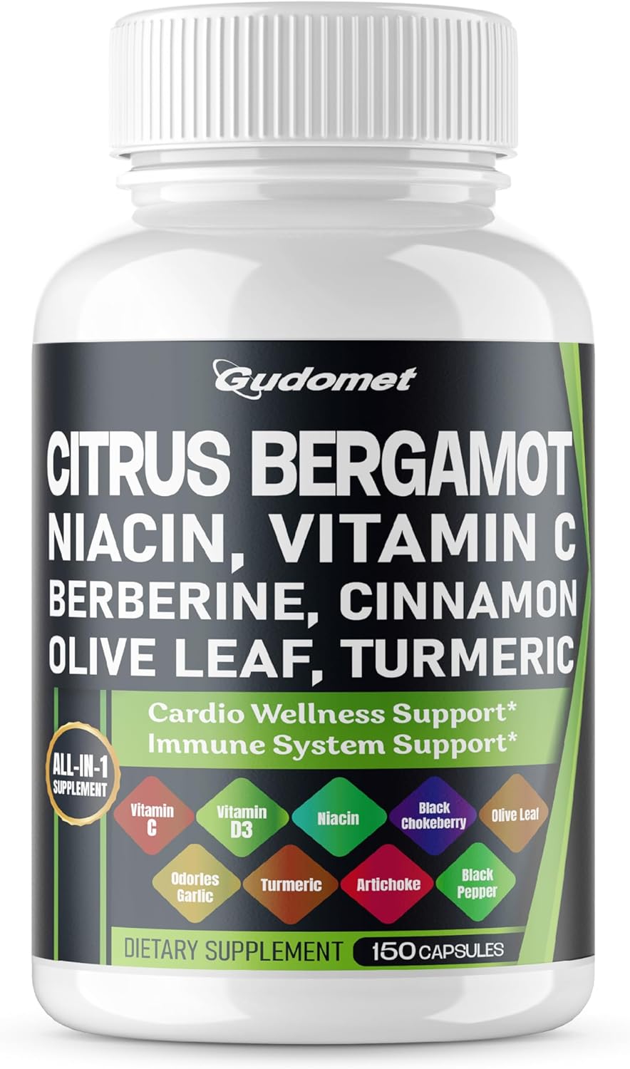 150 Capsules of GUDOMET Citrus Bergamot Berberine Odorless Garlic Olive Leaf Cinnamon Black Chokeberry Turmeric Artichoke Black Pepper - USA Made