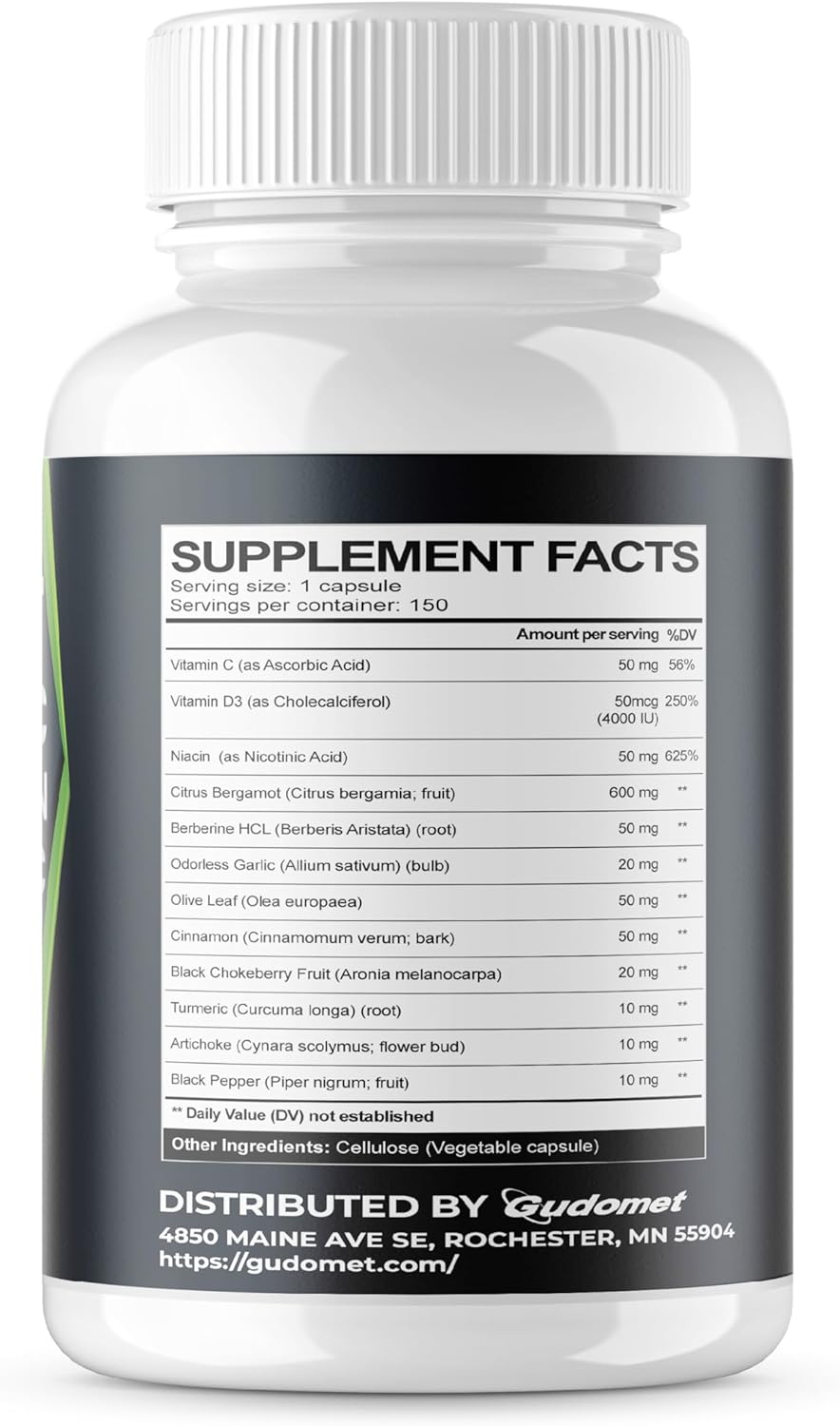 150 Capsules of GUDOMET Citrus Bergamot Berberine Odorless Garlic Olive Leaf Cinnamon Black Chokeberry Turmeric Artichoke Black Pepper - USA Made