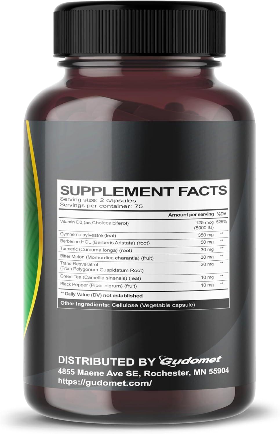 150 Capsules of USA-Made GUDOMET Gymnema sylvestre, Berberine, Turmeric, Bitter Melon, Resveratrol, Green Tea, and Black Pepper