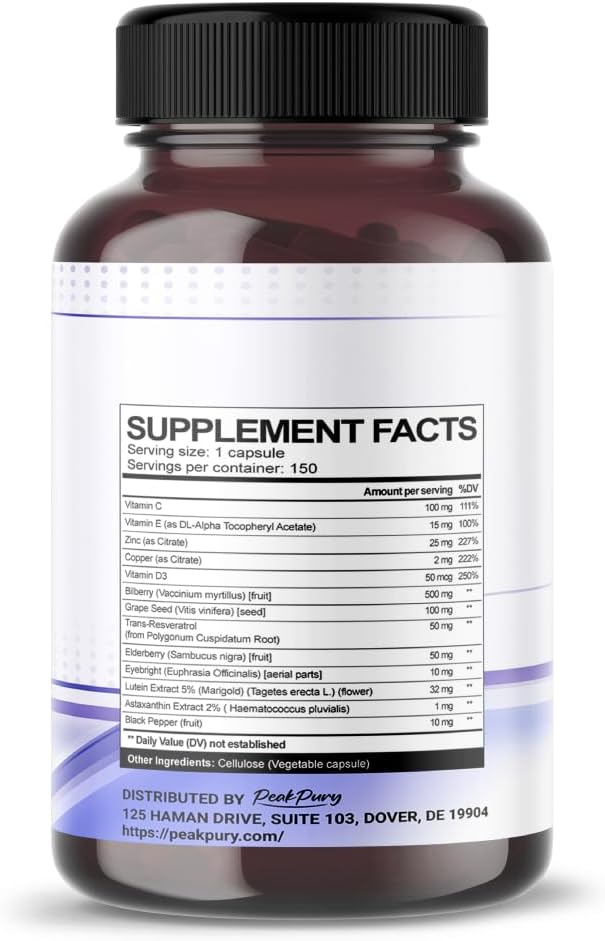 150 Capsules PeakPury All-in-One Eye Health Supplement with Bilberry, Eyebright, Astaxanthin, Elderberry, and Resveratrol - Antioxidant-Rich Formula Made in the USA