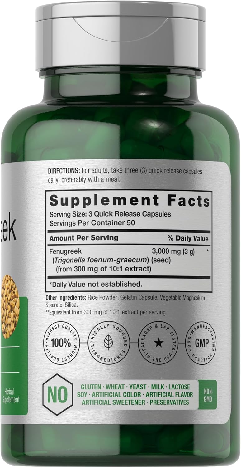 150 Count Non-GMO & Gluten-Free Horbäach Fenugreek Capsules 3000mg Extract from Fenugreek Seeds