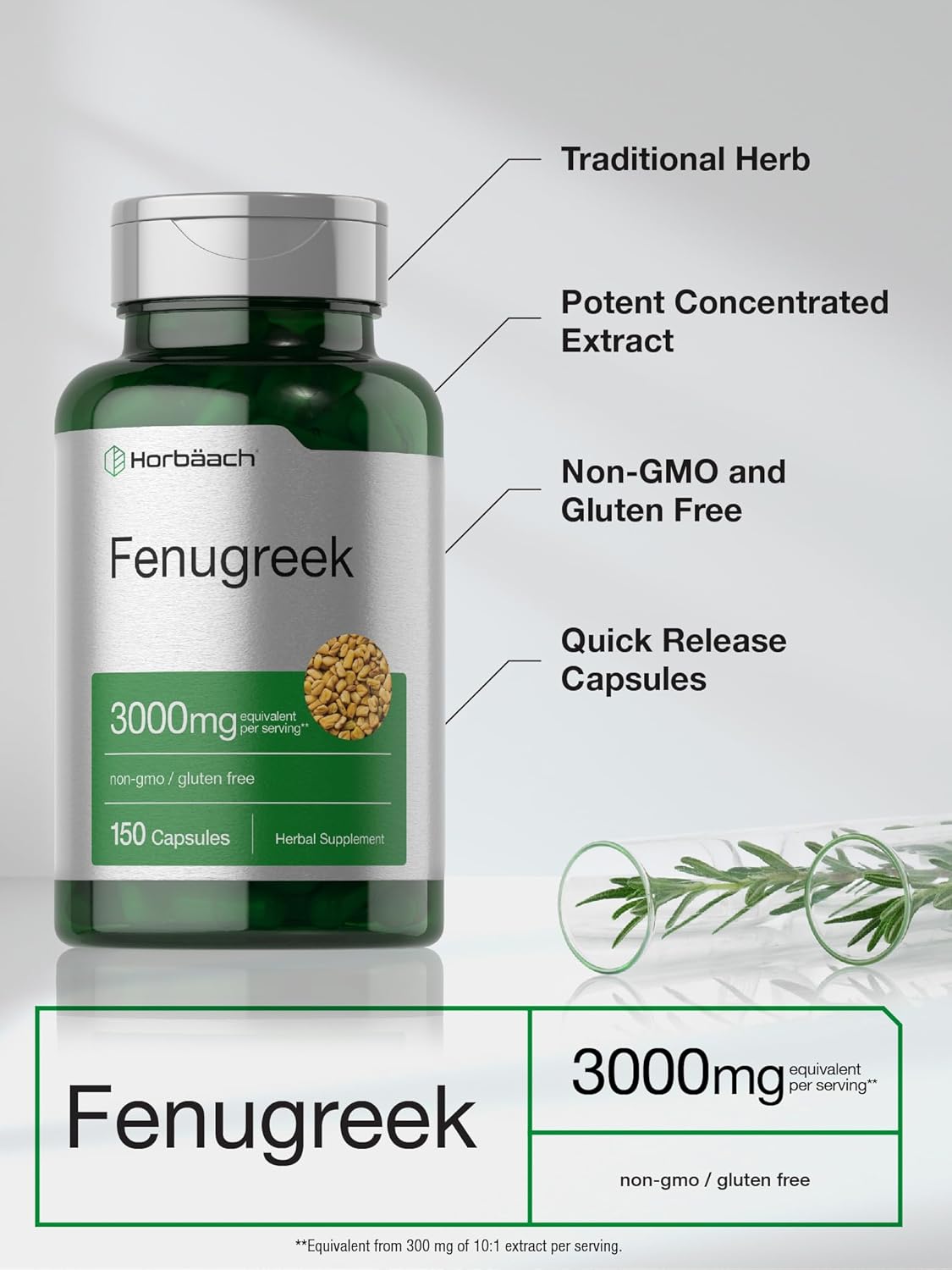 150 Count Non-GMO & Gluten-Free Horbäach Fenugreek Capsules 3000mg Extract from Fenugreek Seeds
