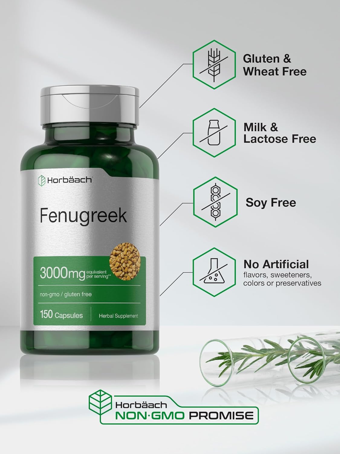 150 Count Non-GMO & Gluten-Free Horbäach Fenugreek Capsules 3000mg Extract from Fenugreek Seeds