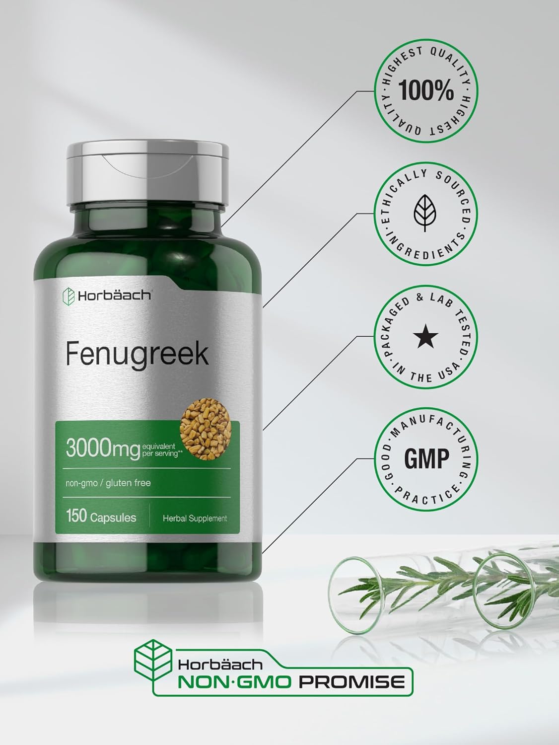 150 Count Non-GMO & Gluten-Free Horbäach Fenugreek Capsules 3000mg Extract from Fenugreek Seeds