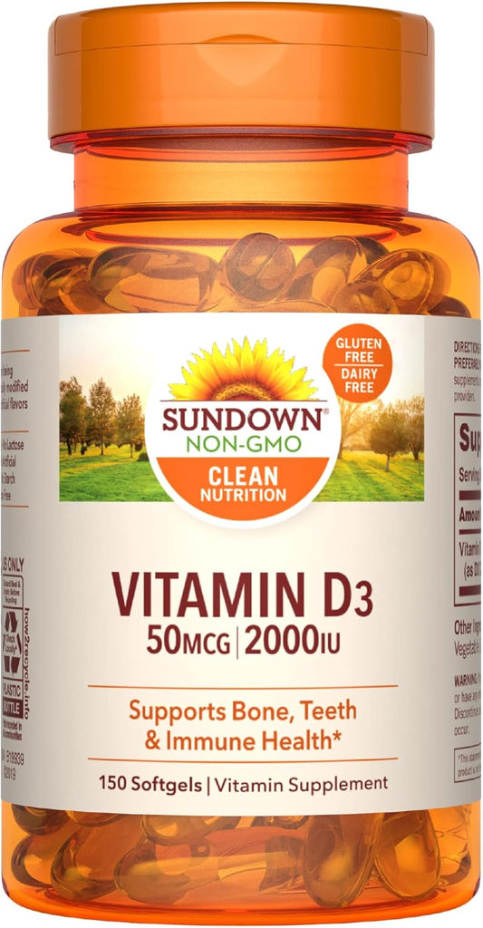 150 Count Sundown Vitamin D3 2000 IU Softgels for Bone, Teeth, and Immune Health