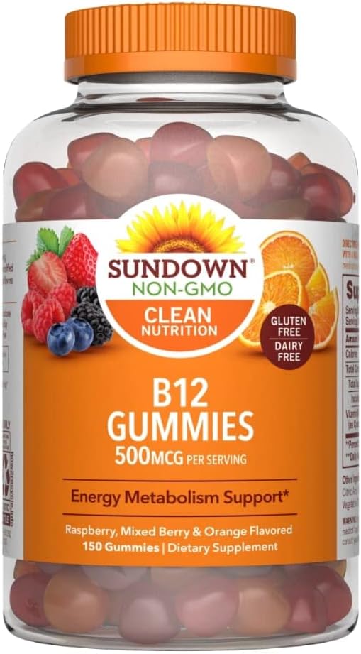 150 Ct Sundown Vitamin B-12 Gummies for Energy Metabolism Support - Raspberry, Mixed Berry, and Orange Flavored
