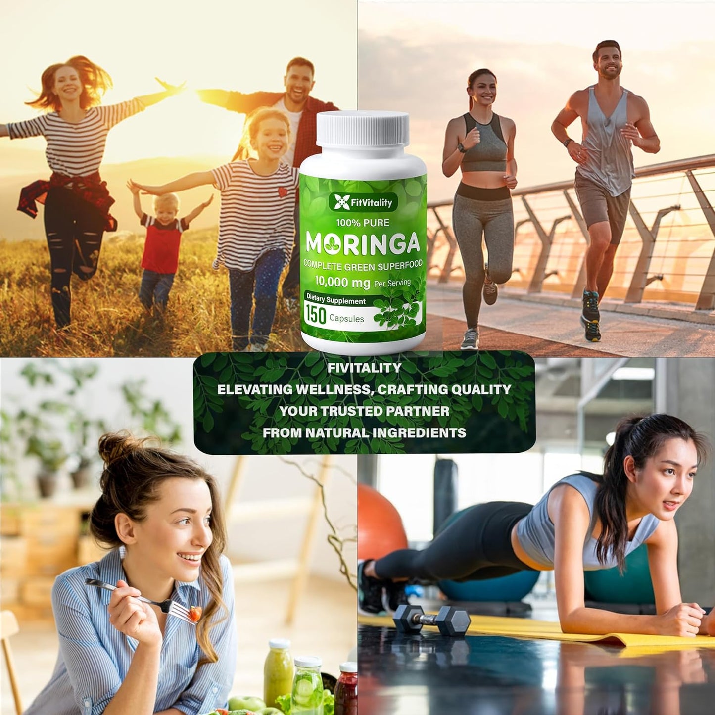 150 FitVitality Moringa Capsules - 10,000mg Pure Leaf Extract Powder - Non-GMO Gluten Free Superfood Supplement