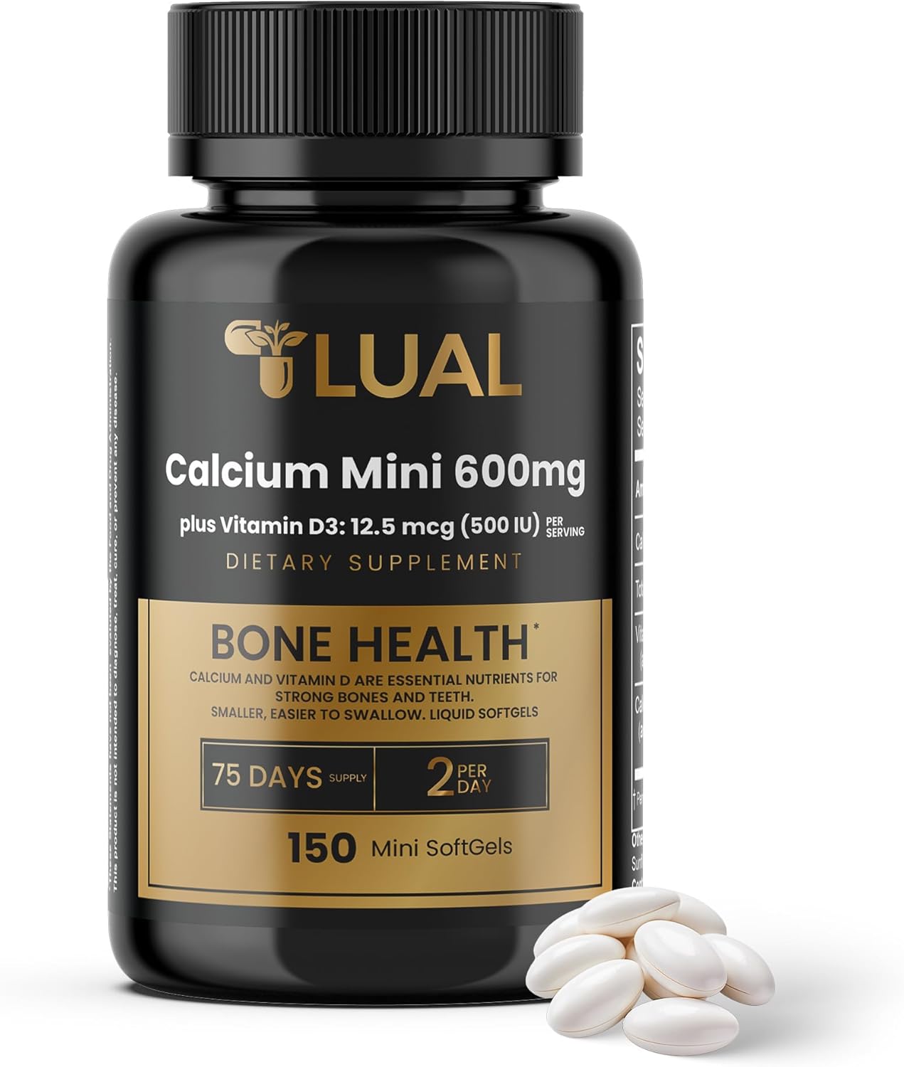150 Mini Softgels of LUAL Calcium 600mg + Vitamin D3 for Bone & Muscle Support - Easy to Swallow Supplement for Strong Bones & Mobility