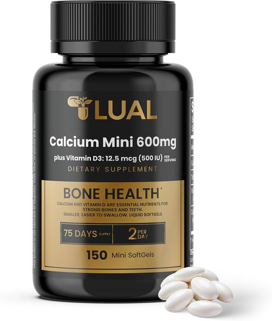 150 Mini Softgels of LUAL Calcium 600mg + Vitamin D3 for Bone & Muscle Support - Easy to Swallow Supplement for Strong Bones & Mobility