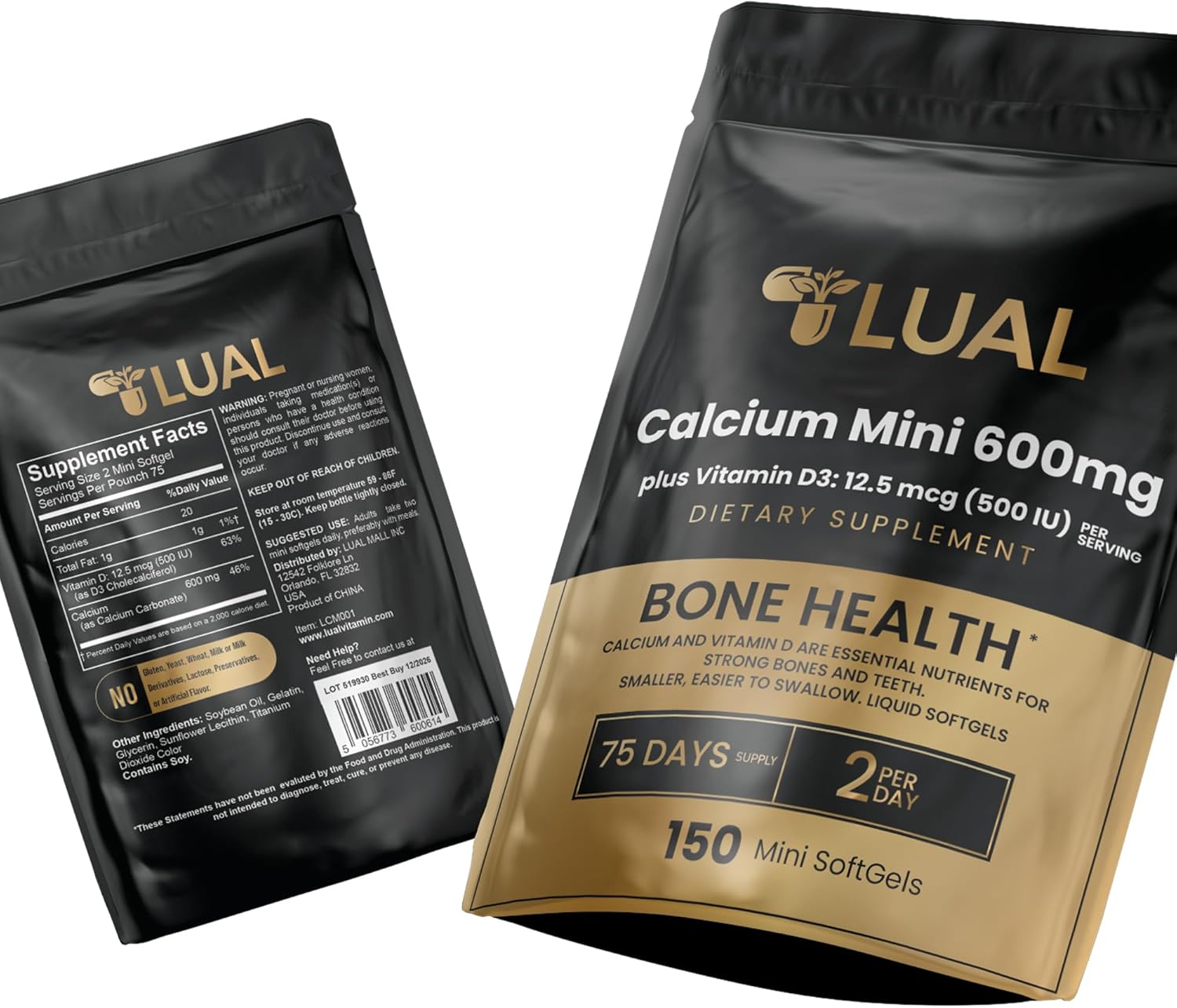 150 Mini Softgels of LUAL Calcium 600mg + Vitamin D3 for Bone & Muscle Support - Easy to Swallow Supplement for Strong Bones & Mobility