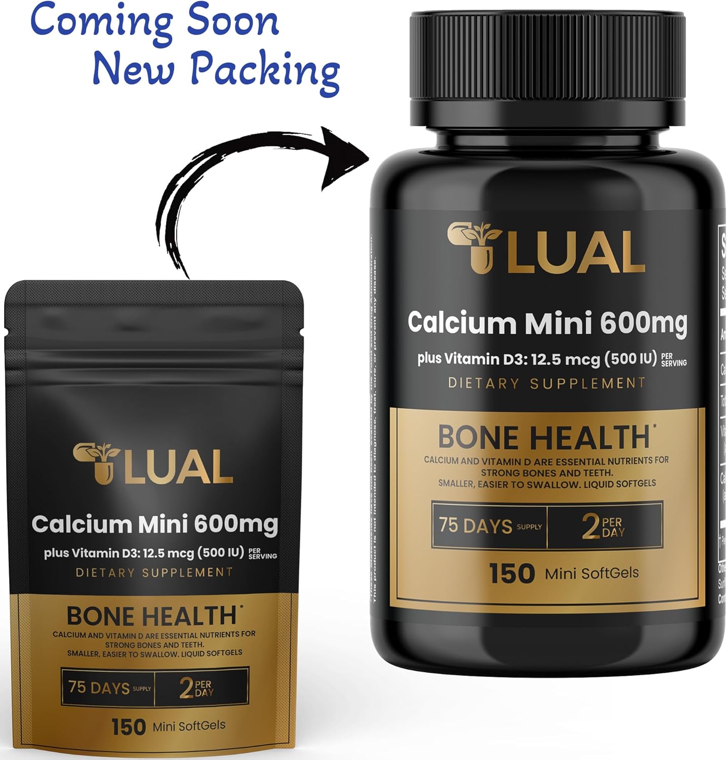 150 Mini Softgels of LUAL Calcium 600mg + Vitamin D3 for Bone & Muscle Support - Easy to Swallow Supplement for Strong Bones & Mobility