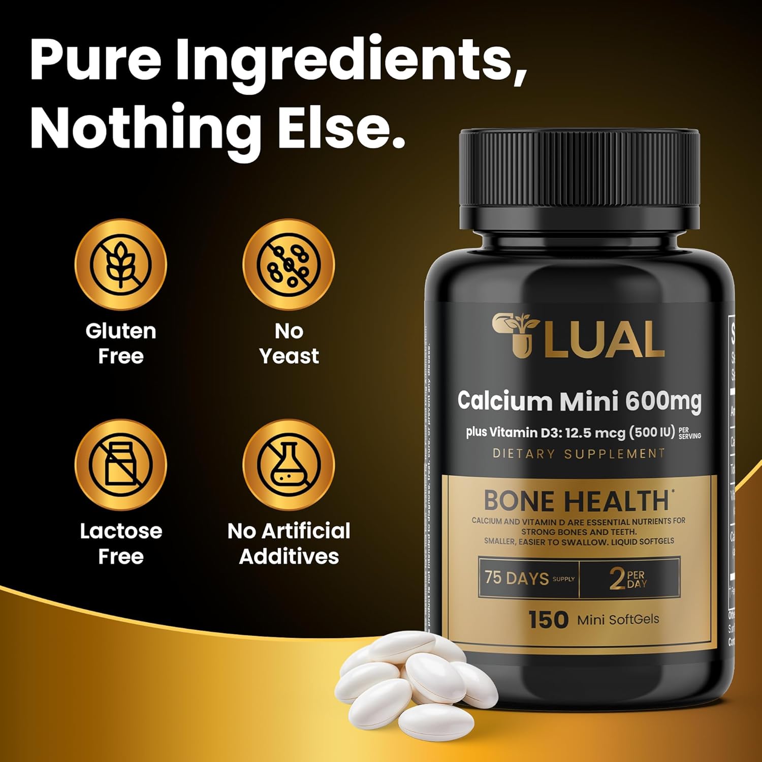 150 Mini Softgels of LUAL Calcium 600mg + Vitamin D3 for Bone & Muscle Support - Easy to Swallow Supplement for Strong Bones & Mobility