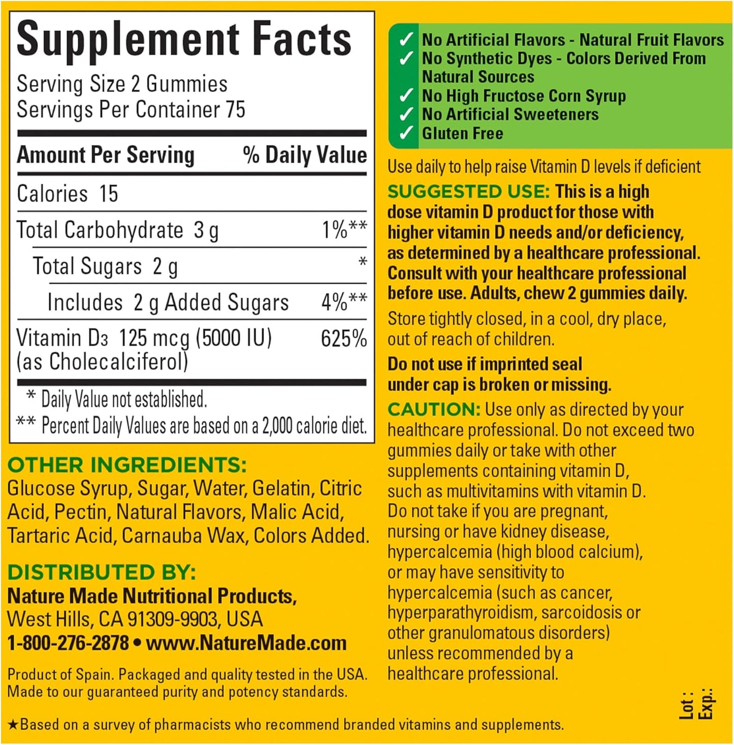 150 Nature Made Extra Strength Vitamin D3 Gummies, 5000 IU (125 mcg) per Serving, Bone, Teeth, Muscle, Immune Health Support - 75 Day Supply x 2 Pack