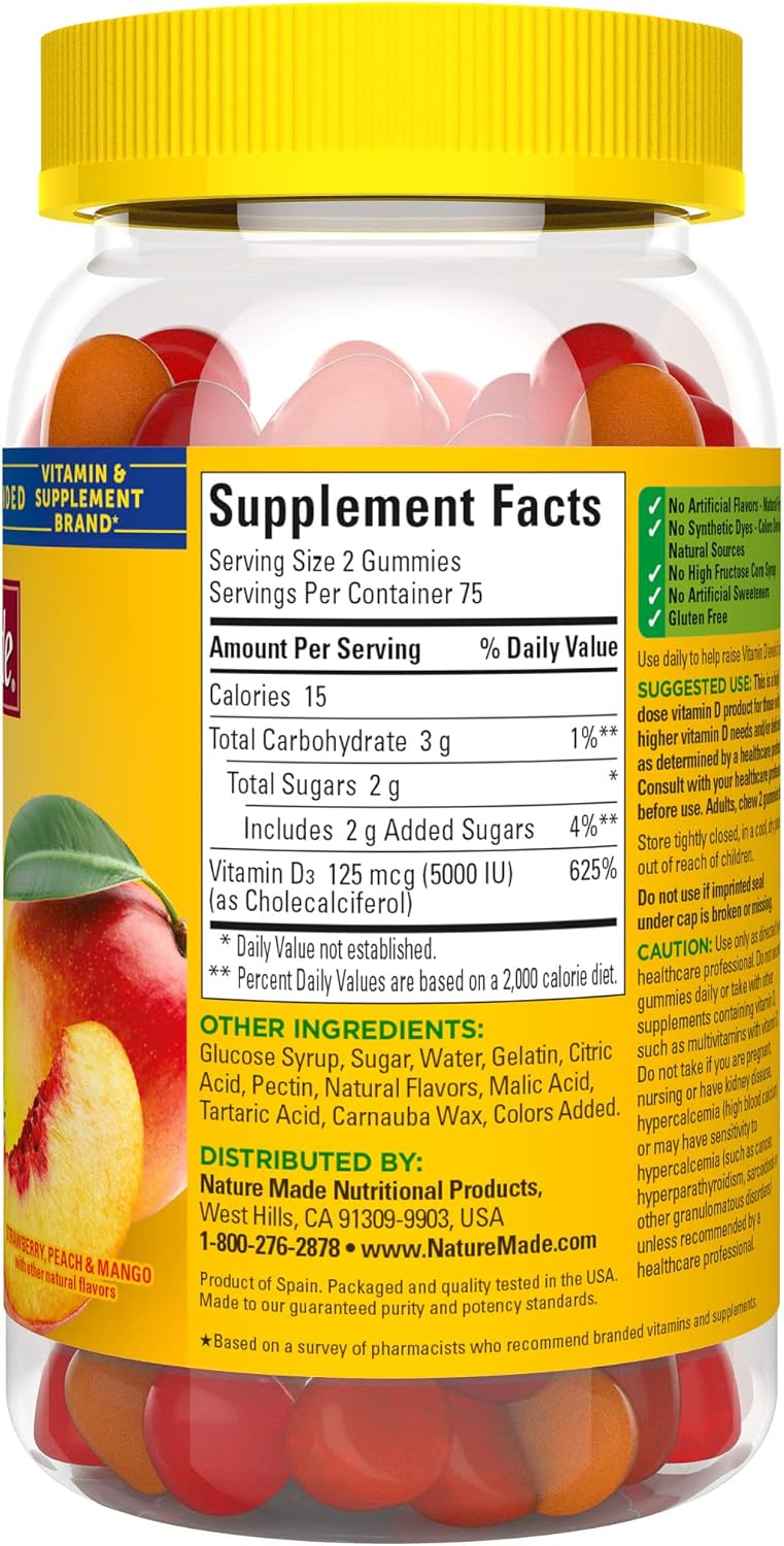 150 Nature Made Extra Strength Vitamin D3 Gummies, 5000 IU (125 mcg) per Serving, Bone, Teeth, Muscle, Immune Health Support - 75 Day Supply x 2 Pack