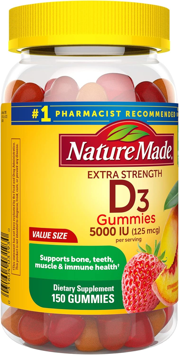 150 Nature Made Extra Strength Vitamin D3 Gummies, 5000 IU (125 mcg) per Serving, Bone, Teeth, Muscle, Immune Health Support - 75 Day Supply x 2 Pack