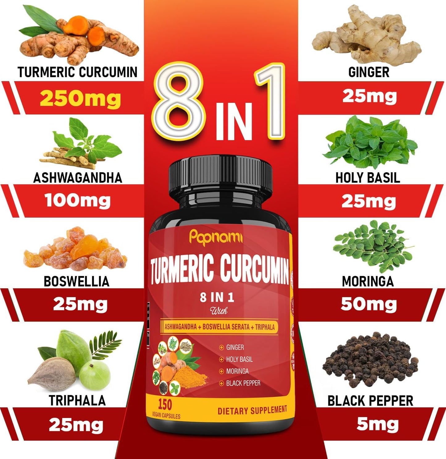 150 Papnami Turmeric Curcumin Capsules - Immune, Joint & Digestive Support - 5 Month Supply with Ashwagandha, Triphala & Ginger