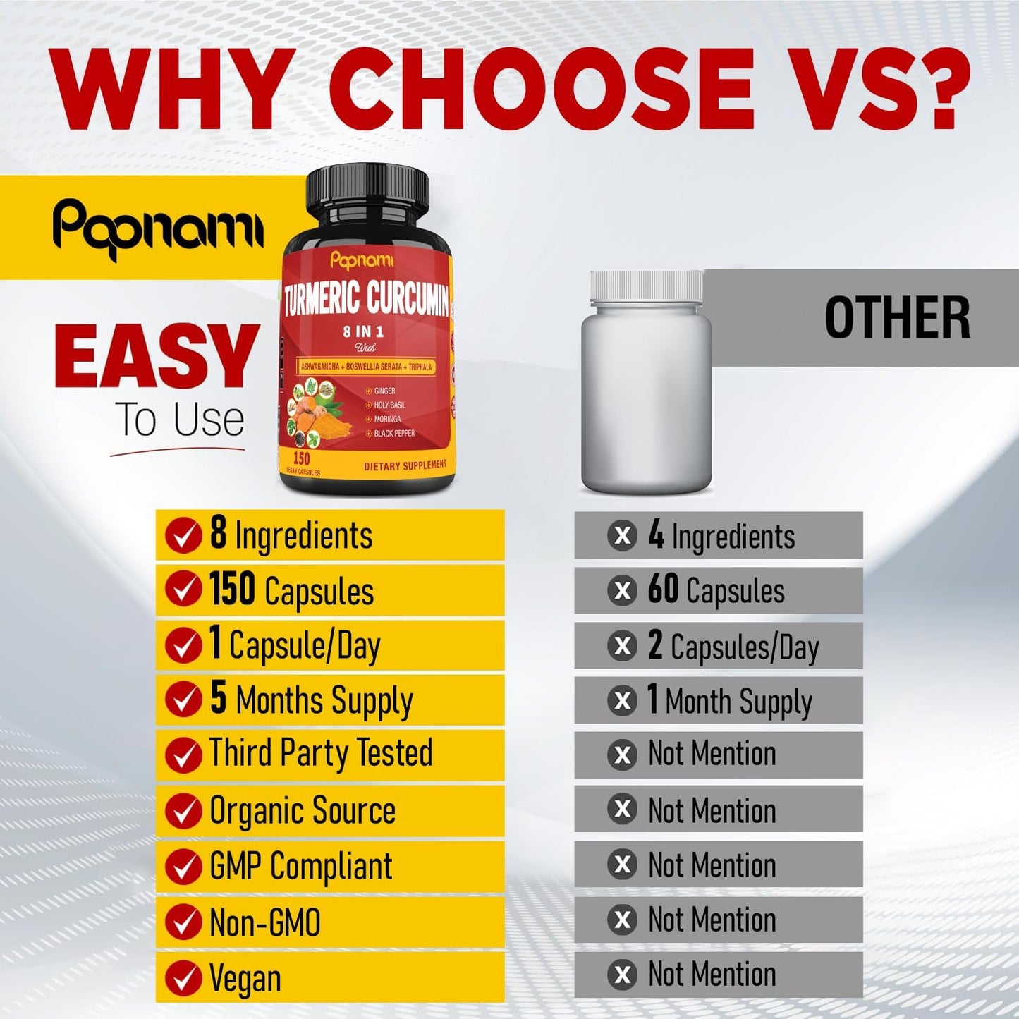 150 Papnami Turmeric Curcumin Capsules - Immune, Joint & Digestive Support - 5 Month Supply with Ashwagandha, Triphala & Ginger