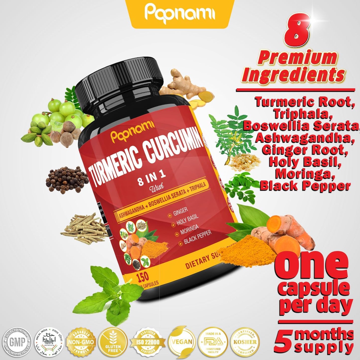 150 Papnami Turmeric Curcumin Capsules - Immune, Joint & Digestive Support - 5 Month Supply with Ashwagandha, Triphala & Ginger