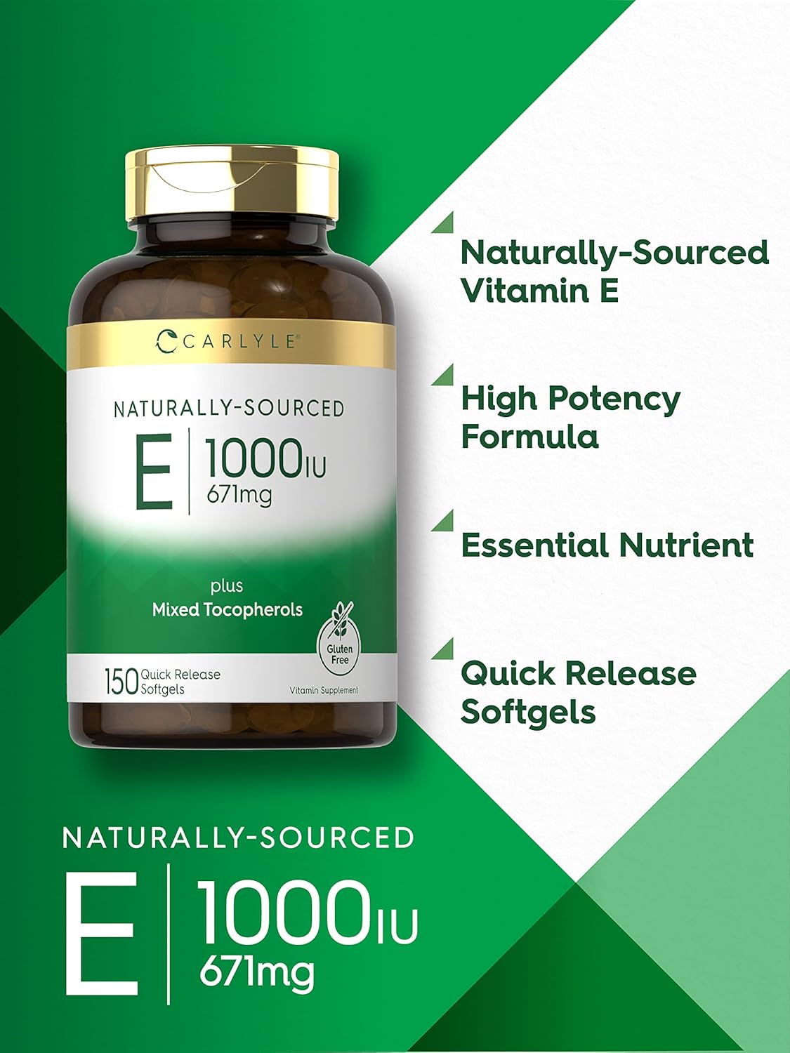 150 Softgels of Carlyle Vitamin E Plus Mixed Tocopherols, 1000 IU (671mg) | Non-GMO Gluten Free Formula | Natural Vitamin E Supplement