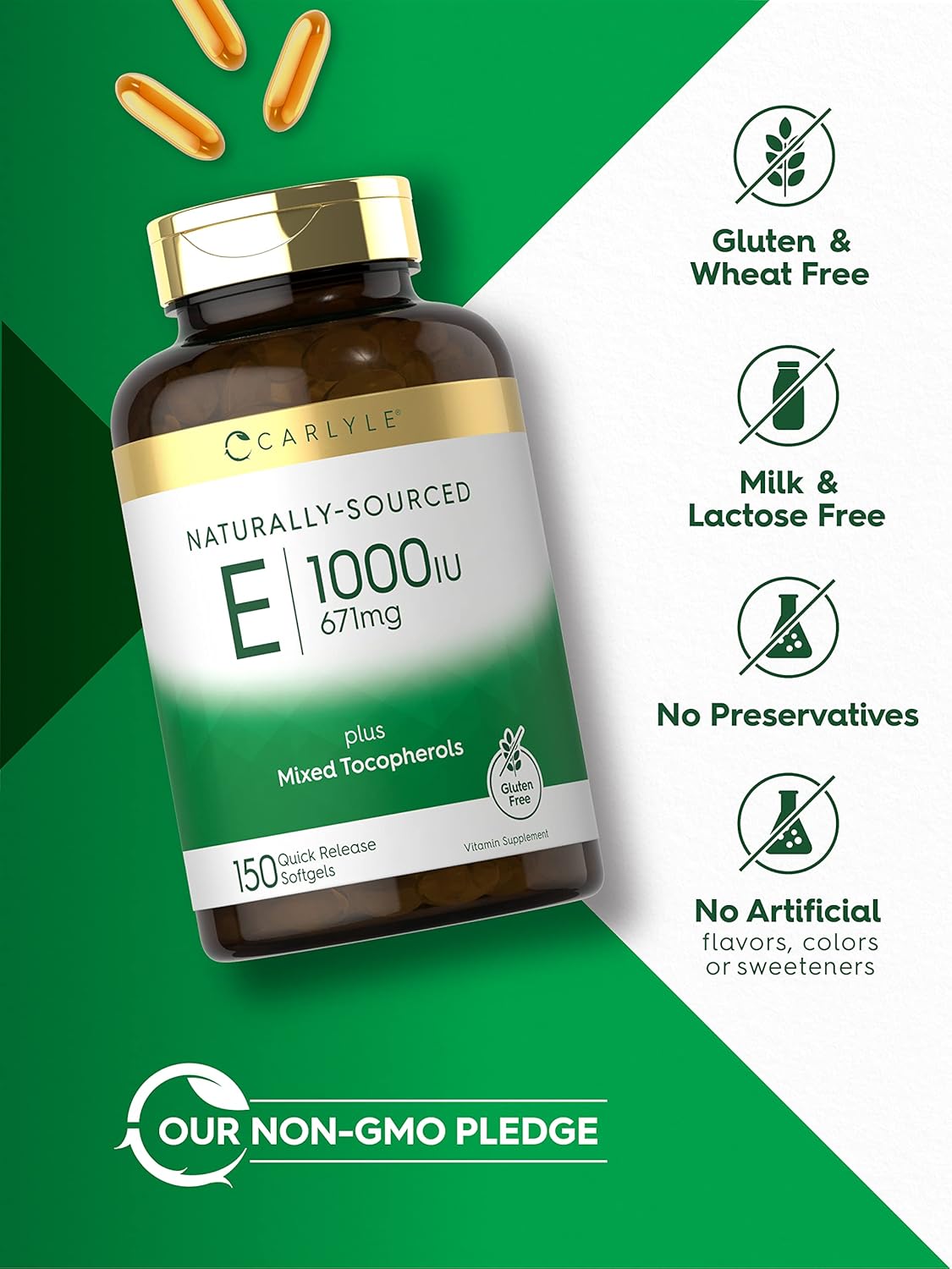 150 Softgels of Carlyle Vitamin E Plus Mixed Tocopherols, 1000 IU (671mg) | Non-GMO Gluten Free Formula | Natural Vitamin E Supplement