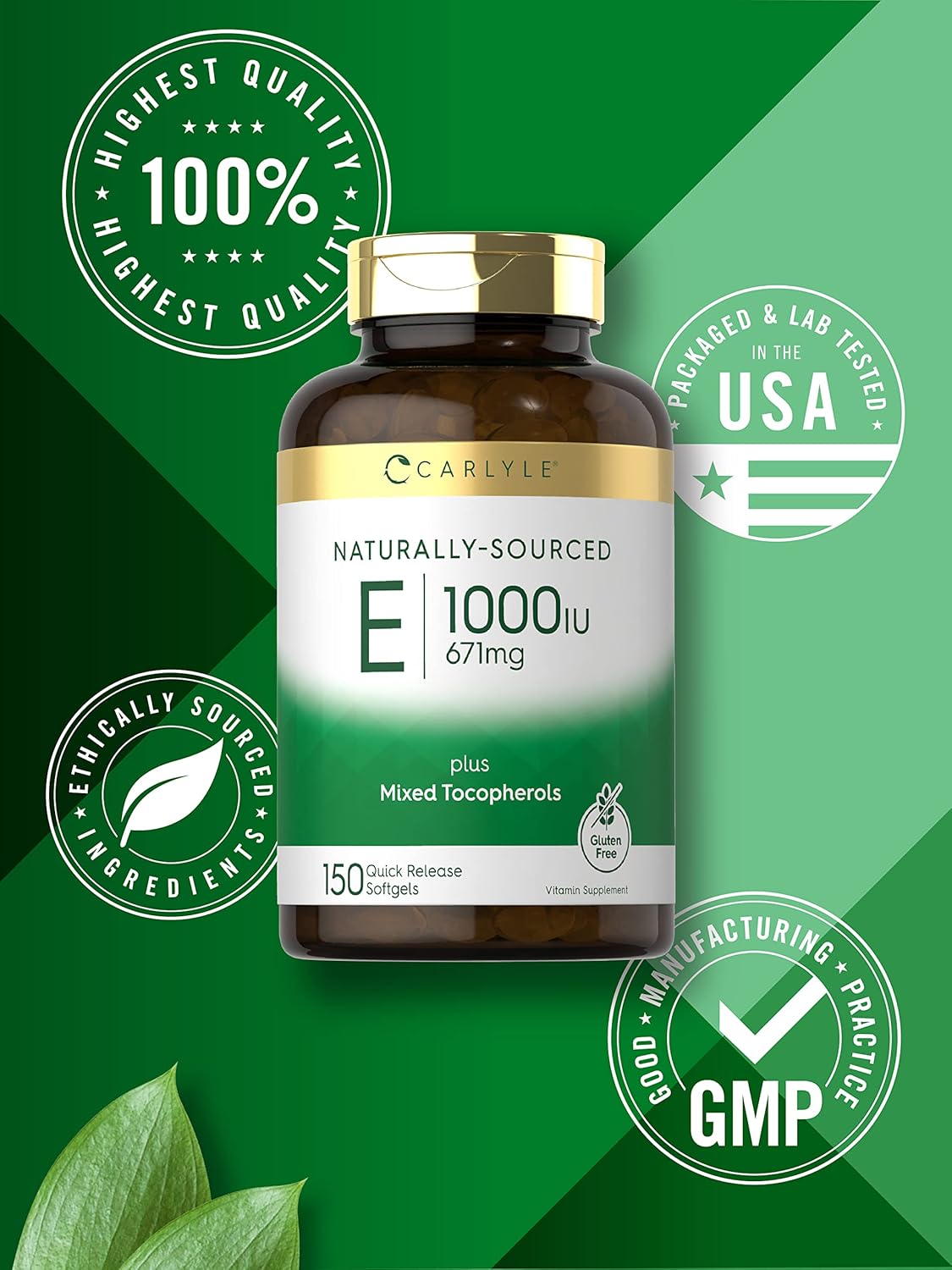 150 Softgels of Carlyle Vitamin E Plus Mixed Tocopherols, 1000 IU (671mg) | Non-GMO Gluten Free Formula | Natural Vitamin E Supplement