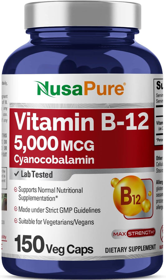 150 Veggie Capsules of NusaPure Vitamin B12-5000 MCG - Non-GMO & Gluten Free - High Potency B 12 Supplement