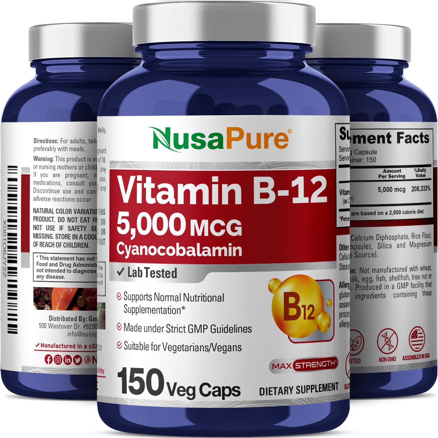 150 Veggie Capsules of NusaPure Vitamin B12-5000 MCG - Non-GMO & Gluten Free - High Potency B 12 Supplement