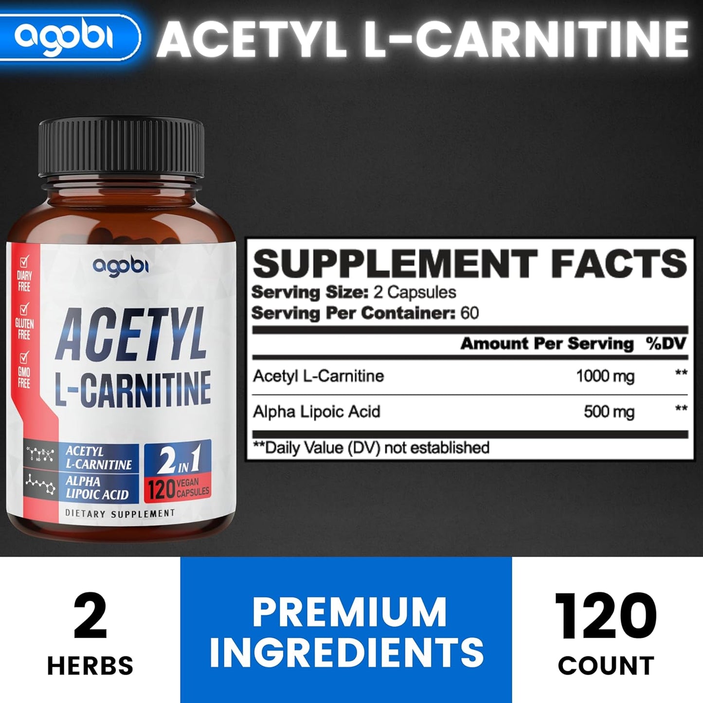 1500mg Acetyl L-Carnitine & Alpha Lipoic Acid Complex - Brain Health Supplement - 120 Vegan Capsules - Gluten-Free, Non-GMO - 2 Month Supply