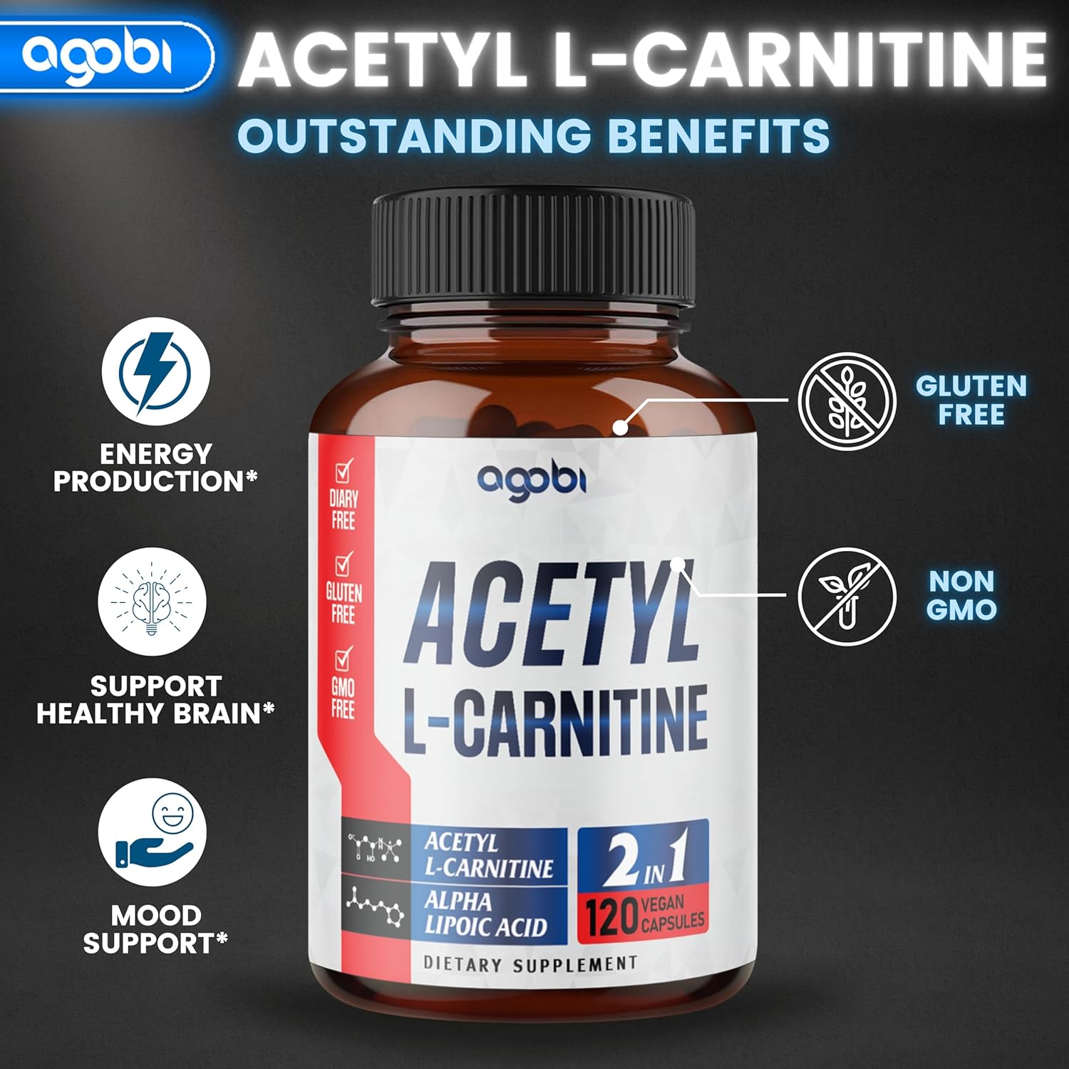 1500mg Acetyl L-Carnitine & Alpha Lipoic Acid Complex - Brain Health Supplement - 120 Vegan Capsules - Gluten-Free, Non-GMO - 2 Month Supply