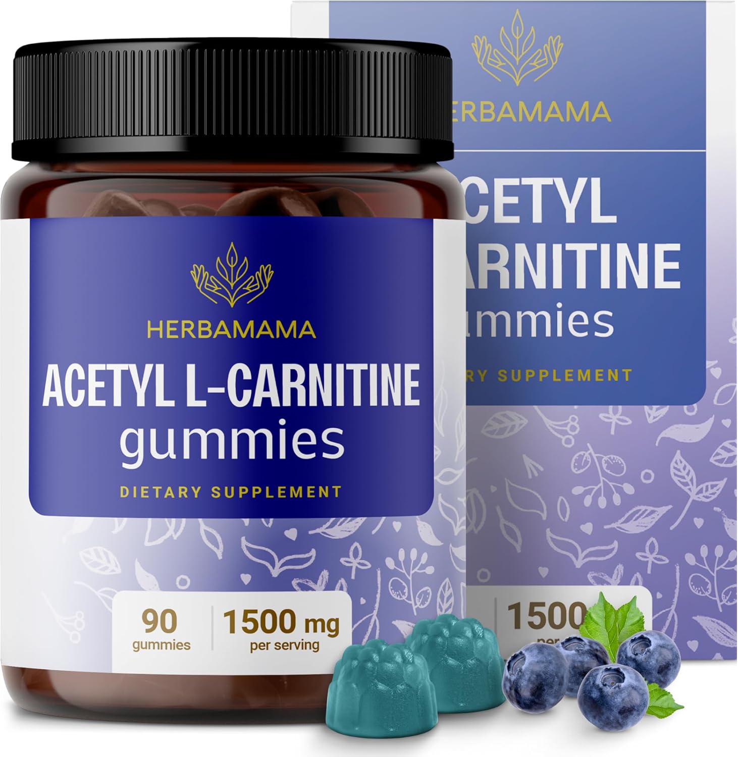 1500mg Acetyl L-Carnitine Gummies for Energy & Focus - Vegan Brain Support Supplement - Blueberry Flavored - 90 Count