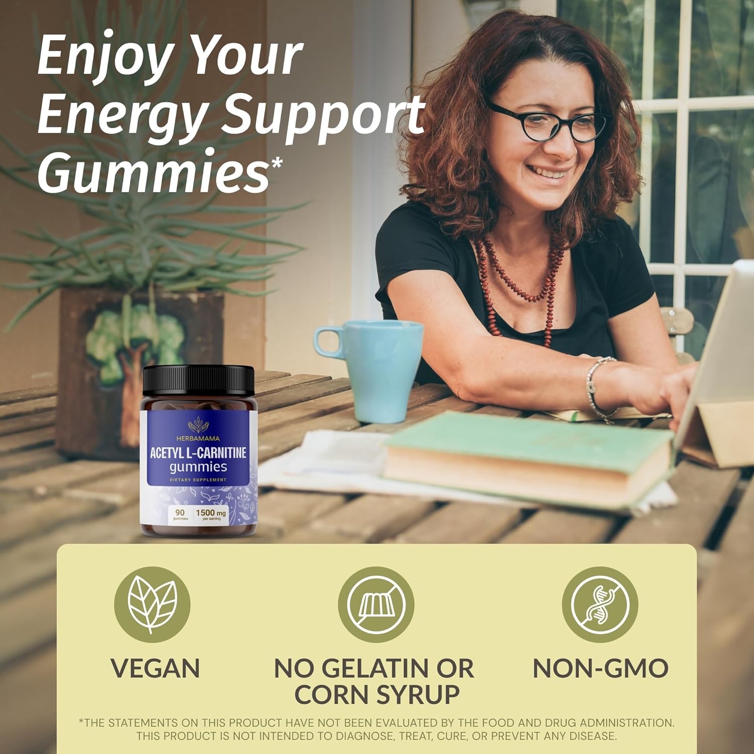 1500mg Acetyl L-Carnitine Gummies for Energy & Focus - Vegan Brain Support Supplement - Blueberry Flavored - 90 Count