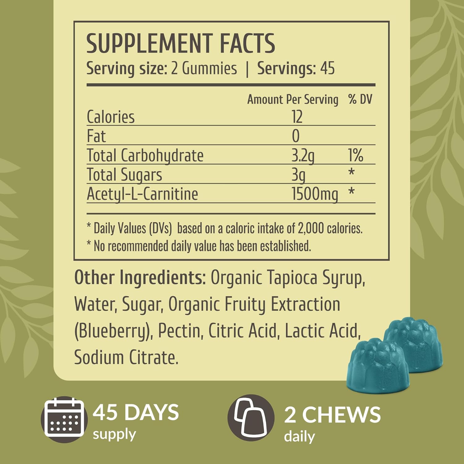 1500mg Acetyl L-Carnitine Gummies for Energy & Focus - Vegan Brain Support Supplement - Blueberry Flavored - 90 Count