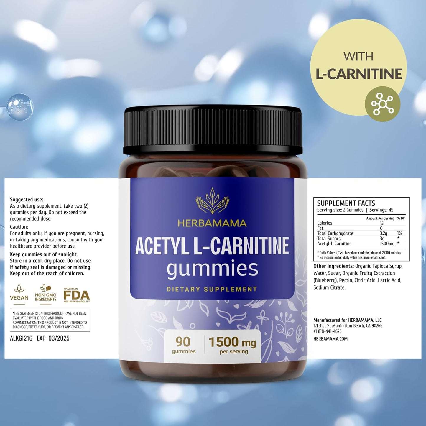 1500mg Acetyl L-Carnitine Gummies for Energy & Focus - Vegan Brain Support Supplement - Blueberry Flavored - 90 Count