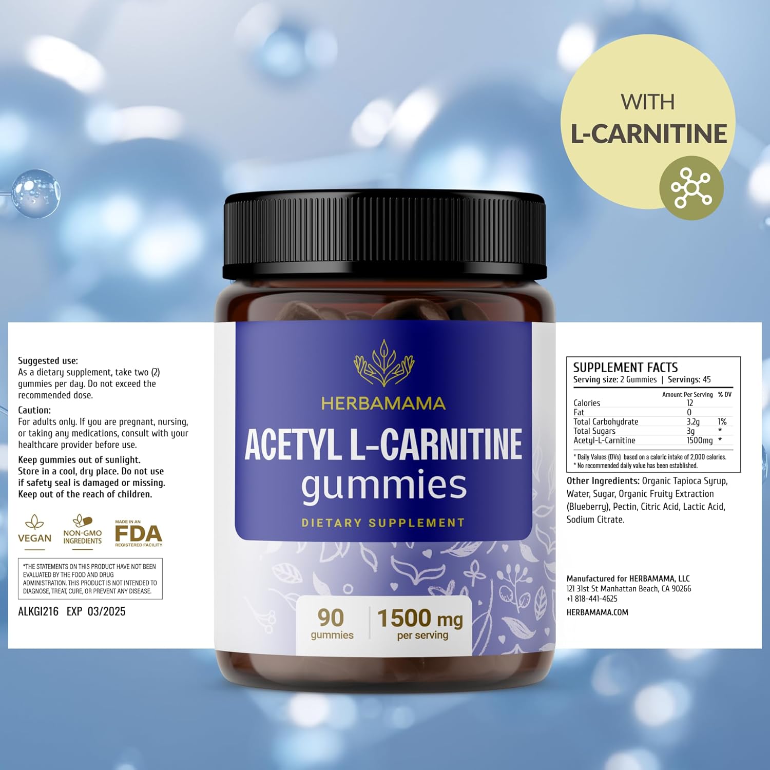 1500mg Acetyl L-Carnitine Gummies for Energy & Focus - Vegan Brain Support Supplement - Blueberry Flavored - 90 Count