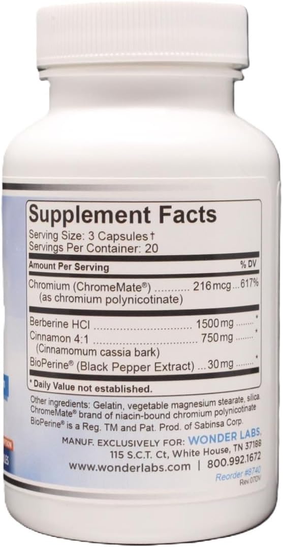 1500mg Berberine HCL + Cinnamon, Chromium, BioPerine - Glucose, Heart & Immune Health - 120 Capsules