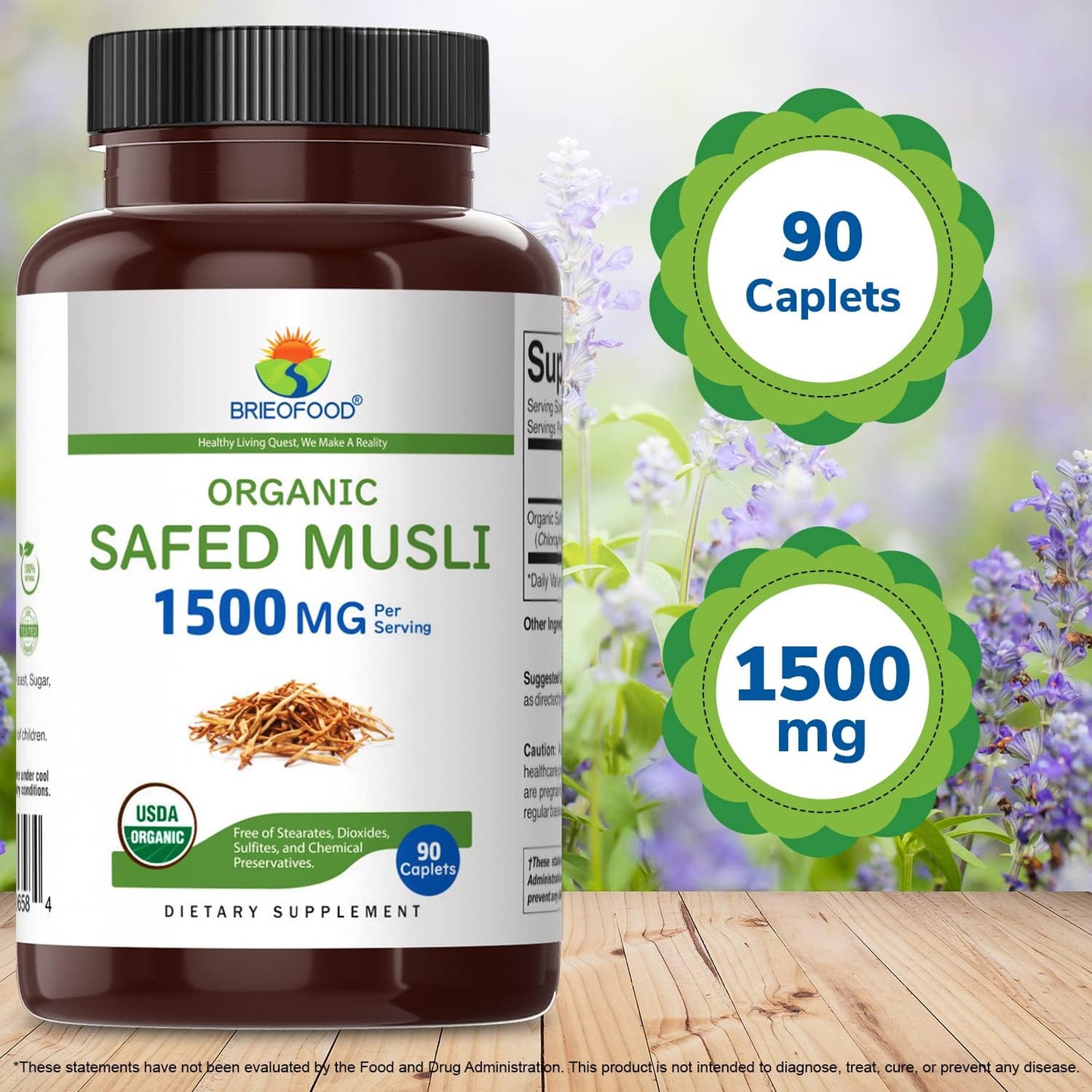 1500mg Brieofood Organic Safed Musli Tablets - 45 Servings, Vegetarian & Gluten Free