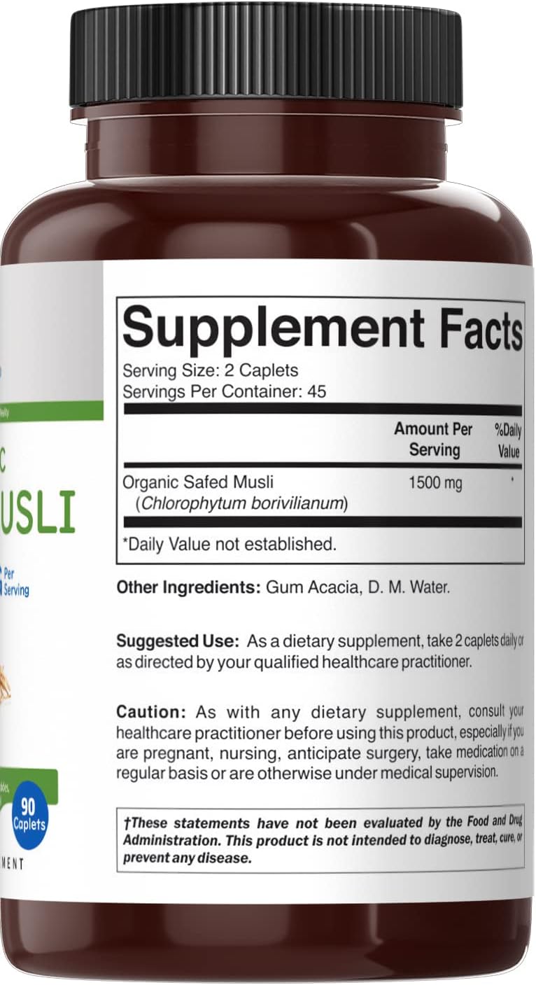 1500mg Brieofood Organic Safed Musli Tablets - 45 Servings, Vegetarian & Gluten Free