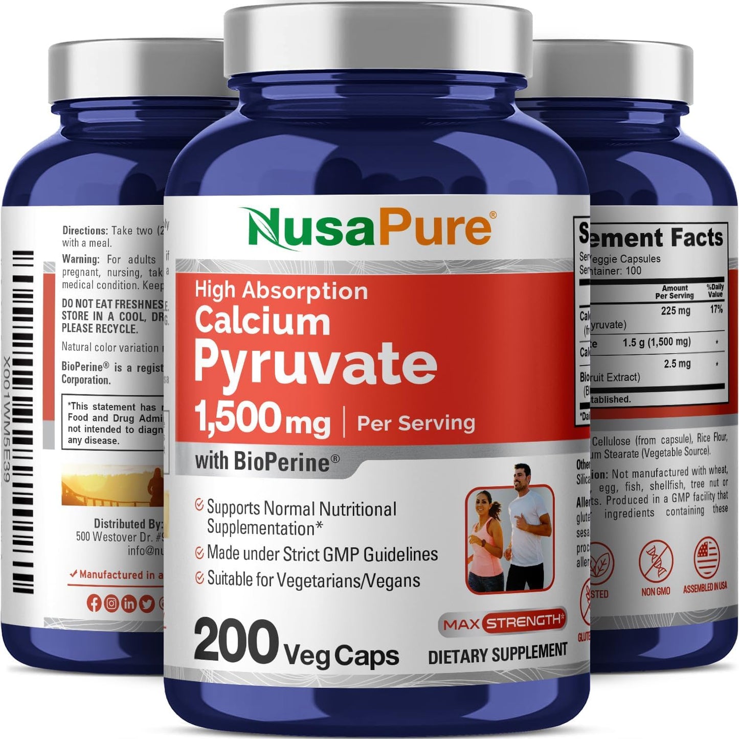 1500mg Calcium Pyruvate Supplement - 200 Vegan Capsules (Non-GMO, 750mg per Capsule)