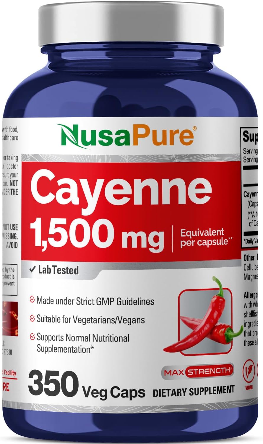 1500mg Cayenne Pepper Capsules - 350 Count Veggie Caps, Vegan & Non-GMO by NusaPure
