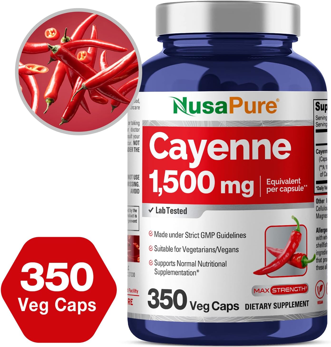 1500mg Cayenne Pepper Capsules - 350 Count Veggie Caps, Vegan & Non-GMO by NusaPure