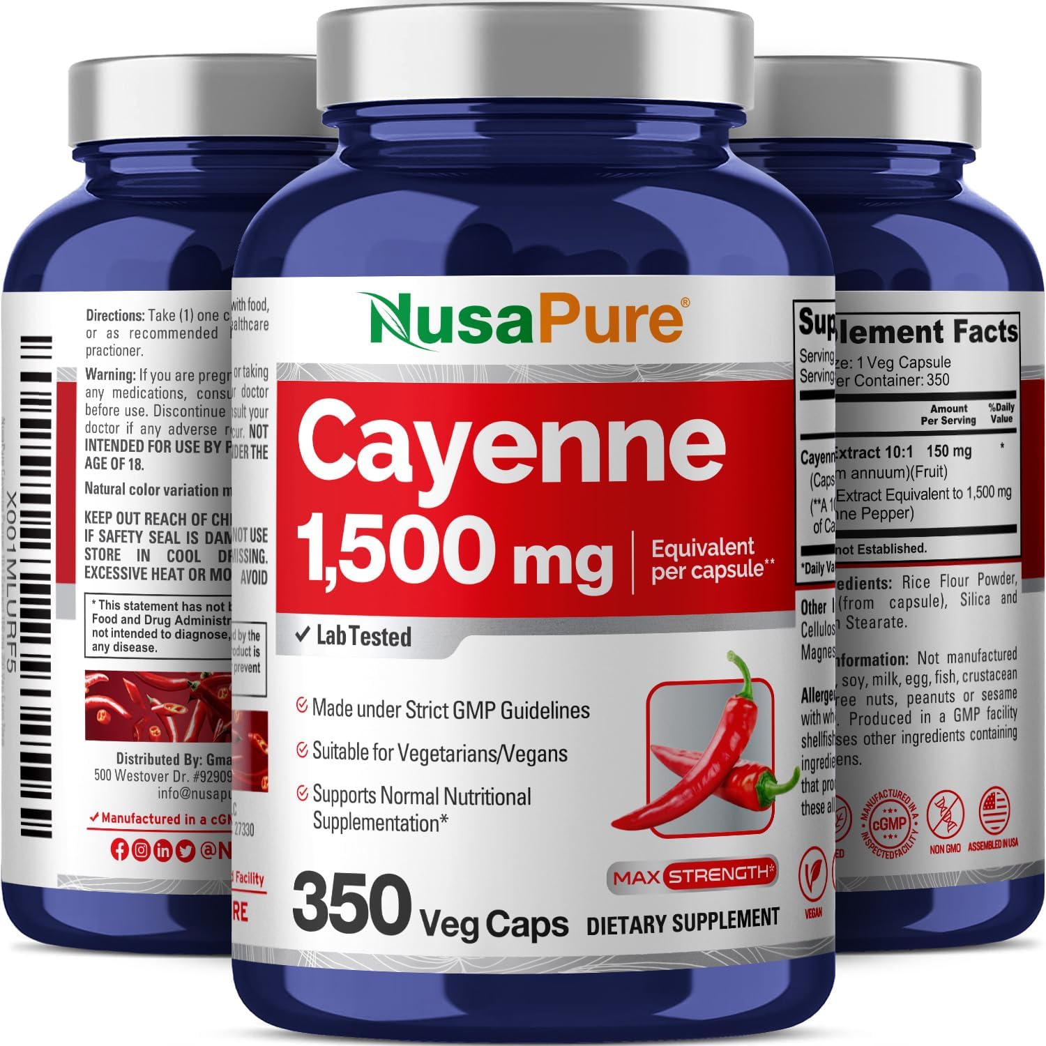 1500mg Cayenne Pepper Capsules - 350 Count Veggie Caps, Vegan & Non-GMO by NusaPure