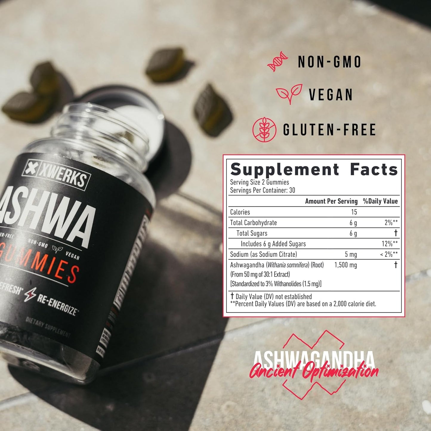 1500mg Extra Strength Ashwagandha Root Gummies for Immunity Support - Vegan & Gluten-Free - 60CT