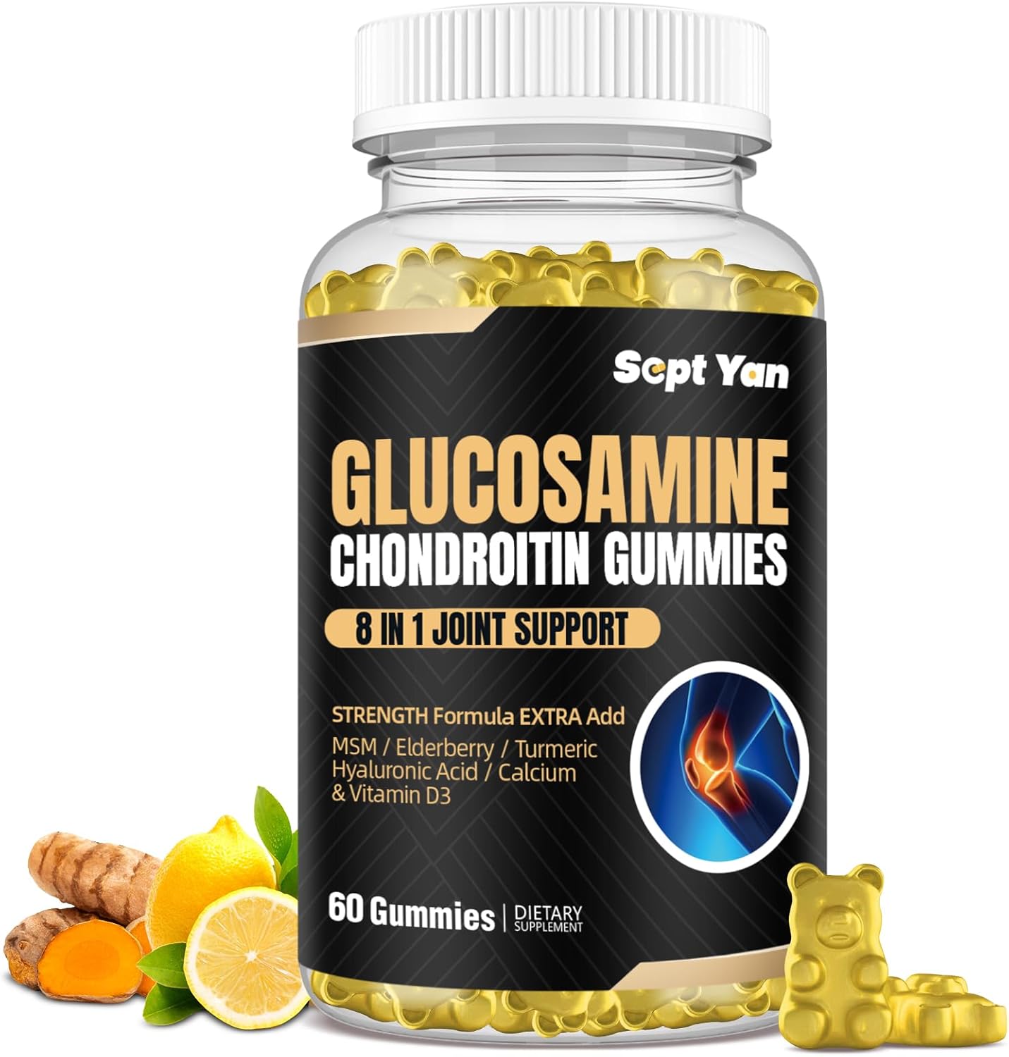 1500mg Extra Strength Glucosamine Chondroitin Gummies with MSM, Turmeric & Elderberry - 60 Joint Support Supplements for Adults - Vegan & Easy to Swallow