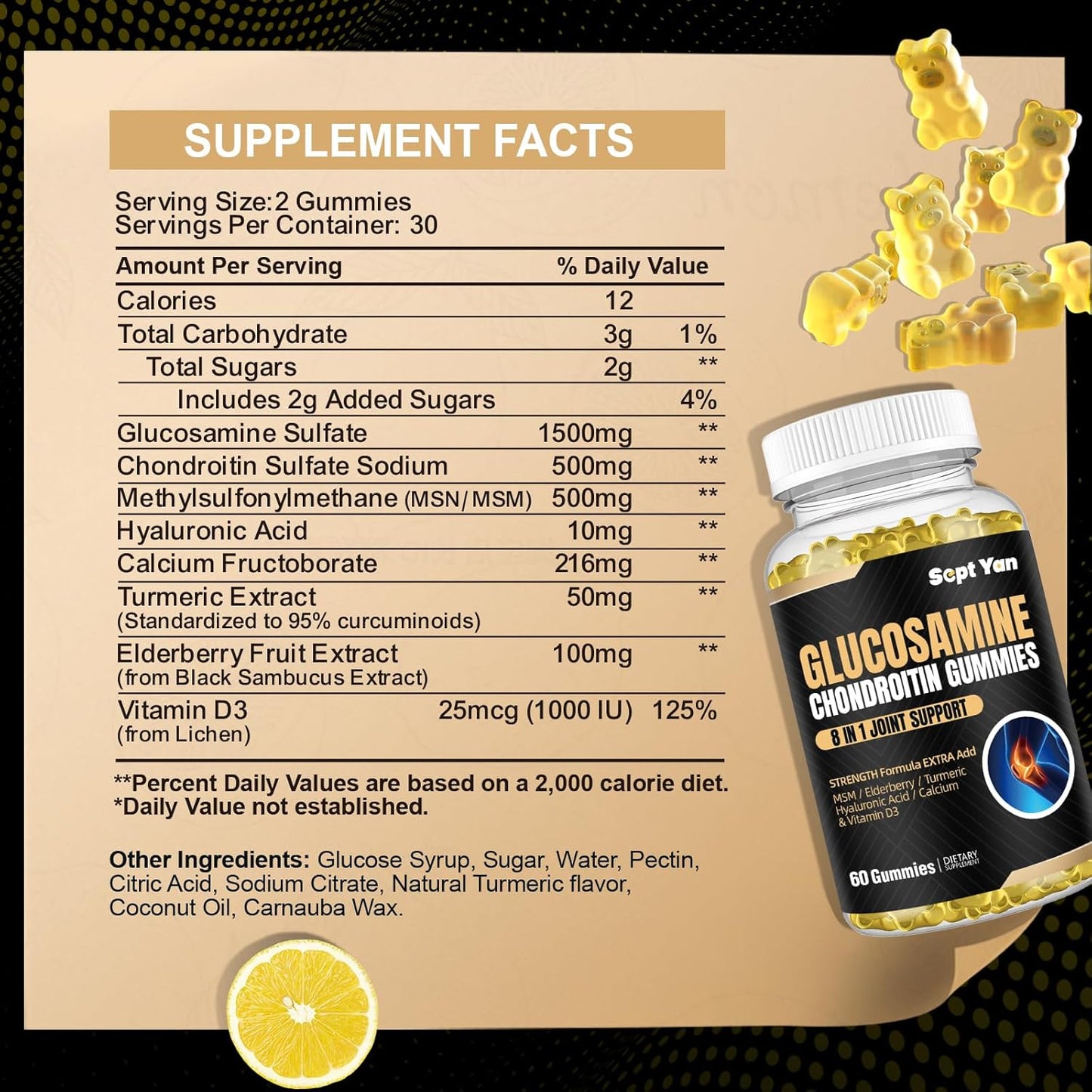 1500mg Extra Strength Glucosamine Chondroitin Gummies with MSM, Turmeric & Elderberry - 60 Joint Support Supplements for Adults - Vegan & Easy to Swallow