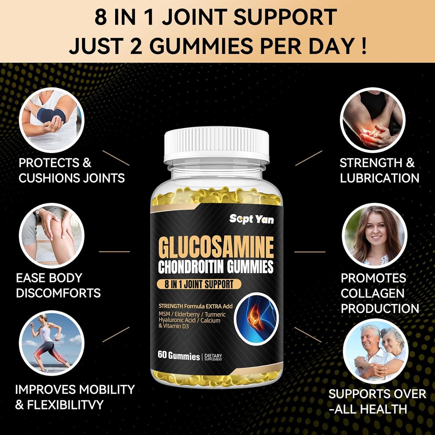 1500mg Extra Strength Glucosamine Chondroitin Gummies with MSM, Turmeric & Elderberry - 60 Joint Support Supplements for Adults - Vegan & Easy to Swallow