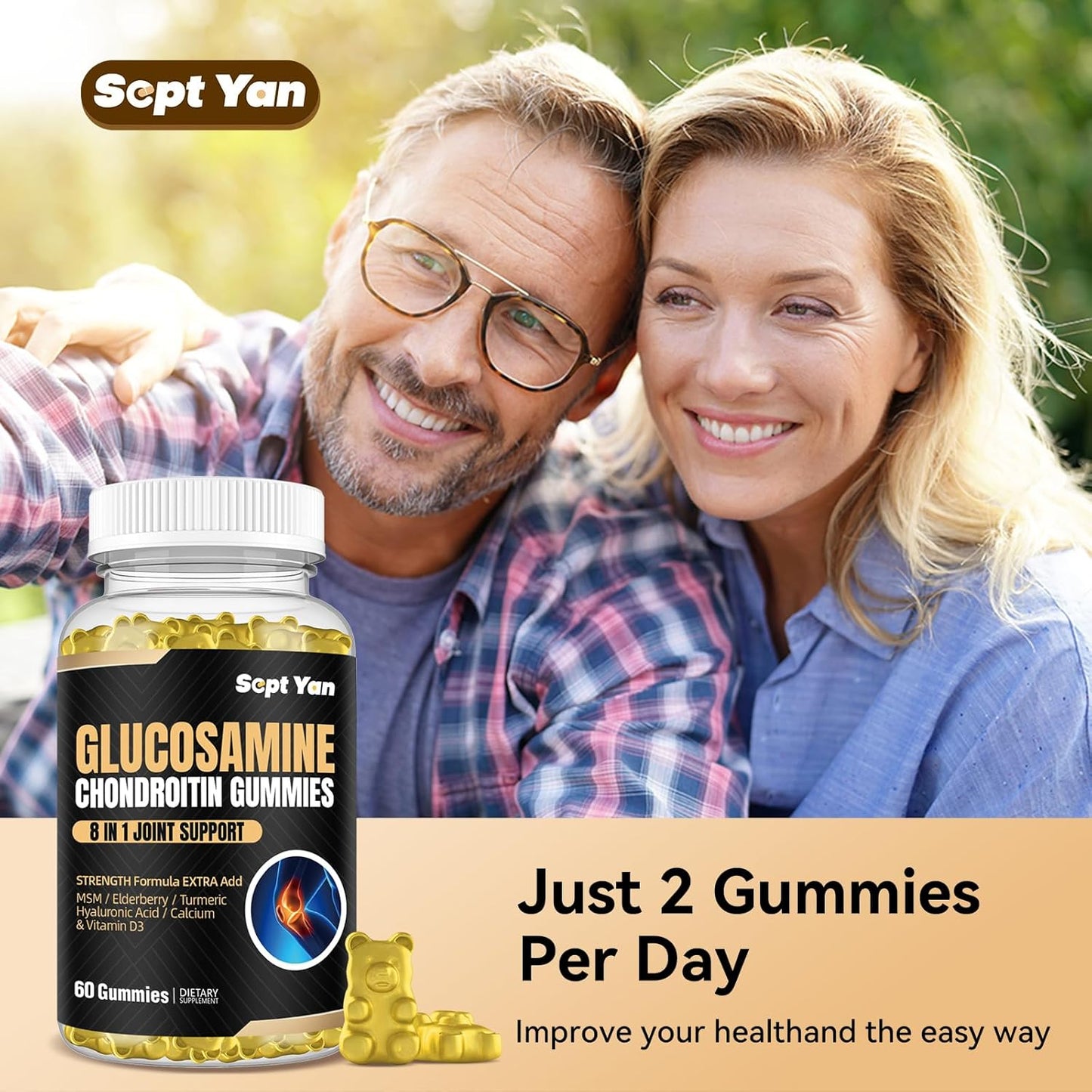 1500mg Extra Strength Glucosamine Chondroitin Gummies with MSM, Turmeric & Elderberry - 60 Joint Support Supplements for Adults - Vegan & Easy to Swallow