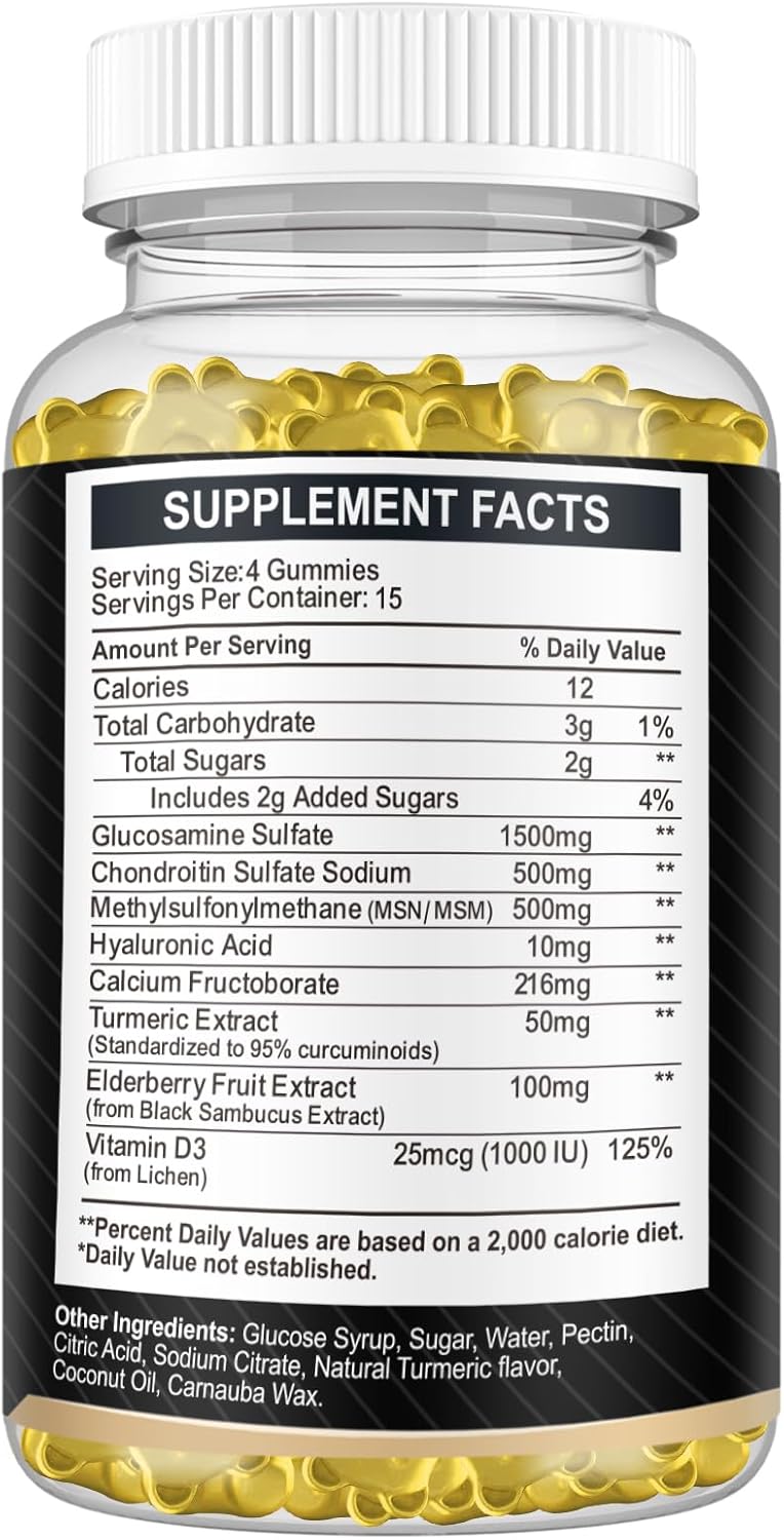 1500mg Extra Strength Glucosamine Chondroitin Gummies with MSM, Turmeric & Elderberry - 60 Joint Support Supplements for Adults - Vegan & Easy to Swallow