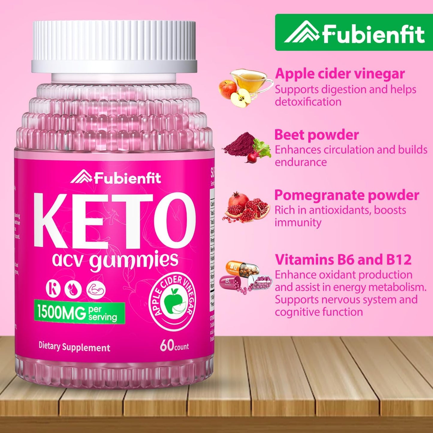 1500MG Fubienfit Keto ACV Gummies with Pomegranate Beet Juice Powder B12 - 60 Vegan Non GMO Gummies