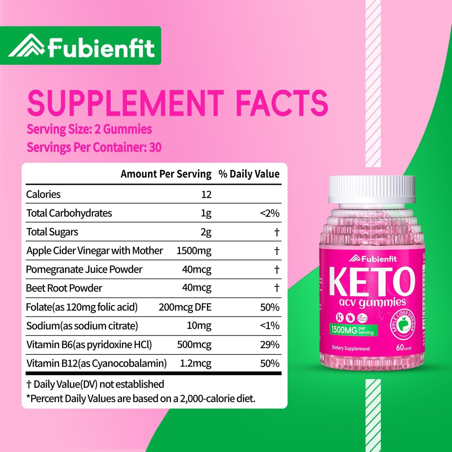 1500MG Fubienfit Keto ACV Gummies with Pomegranate Beet Juice Powder B12 - 60 Vegan Non GMO Gummies