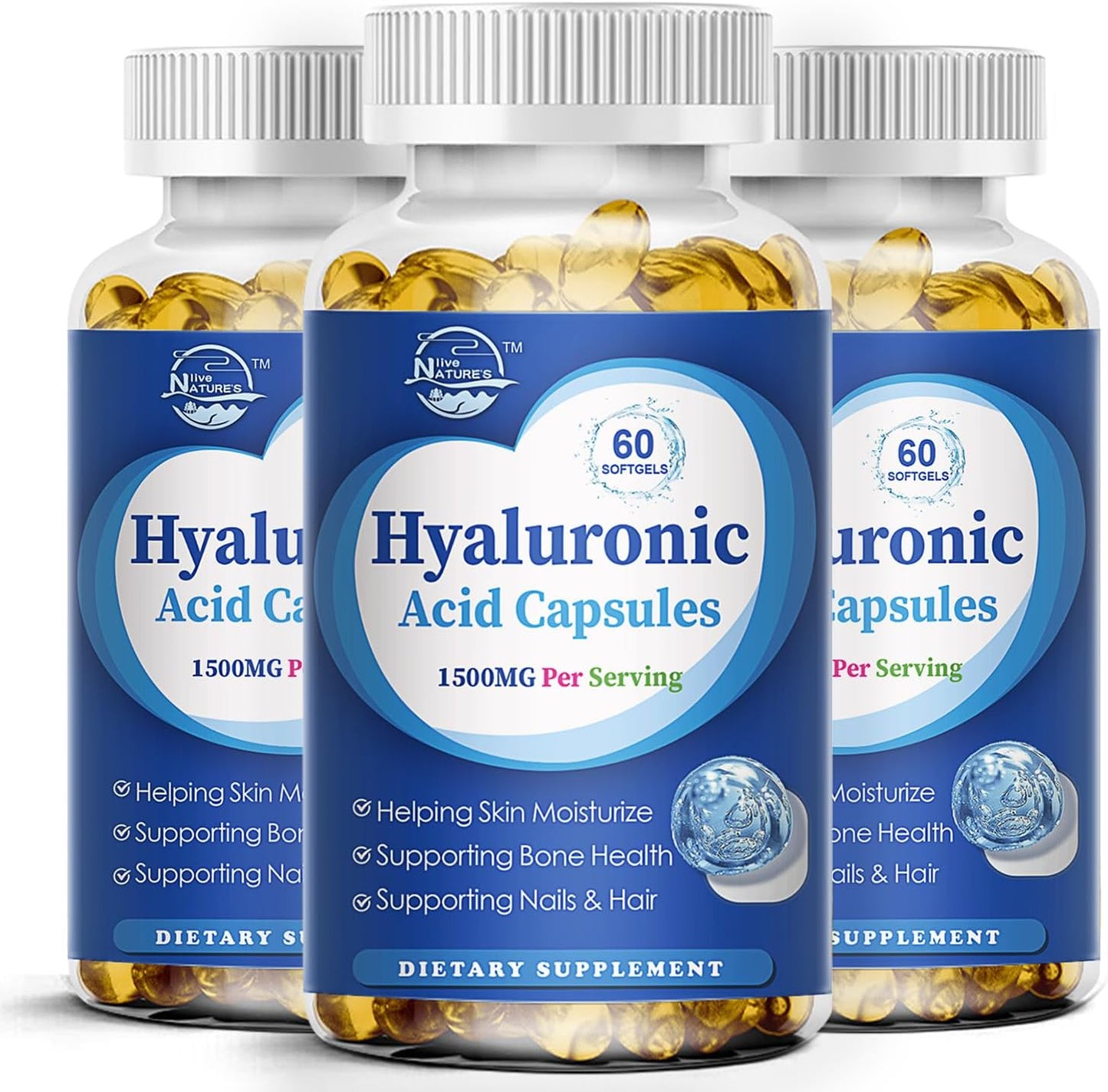 1500mg High Bioavailable Hyaluronic Acid Capsules for Skin, Joints, Hair & Nails - 180 Softgels, Triple Pack